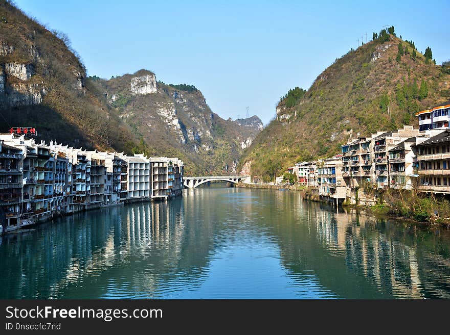 Mountain Village, Waterway, Reflection, Water