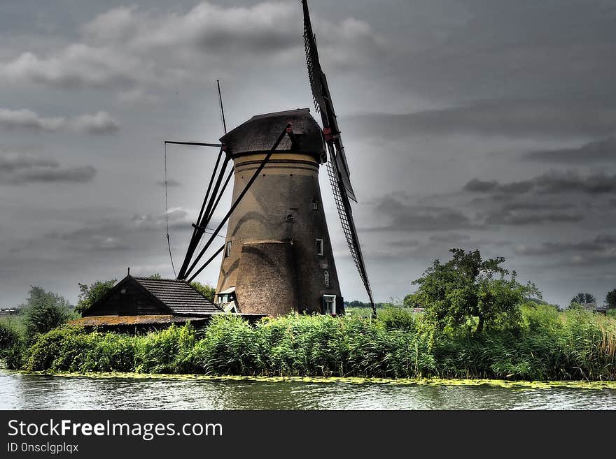 Windmill, Mill, Waterway, Sky