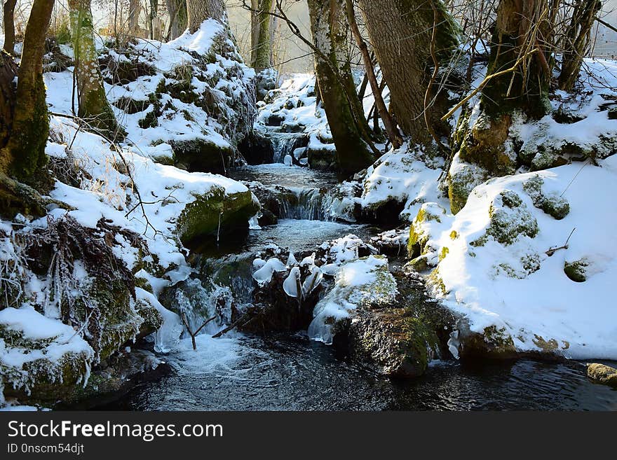 Water, Snow, Stream, Winter