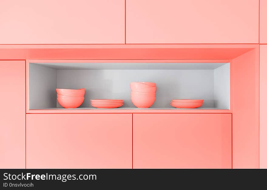 Scandinavian kitchen design. tableware. Color of the year 2019 living coral. banner.