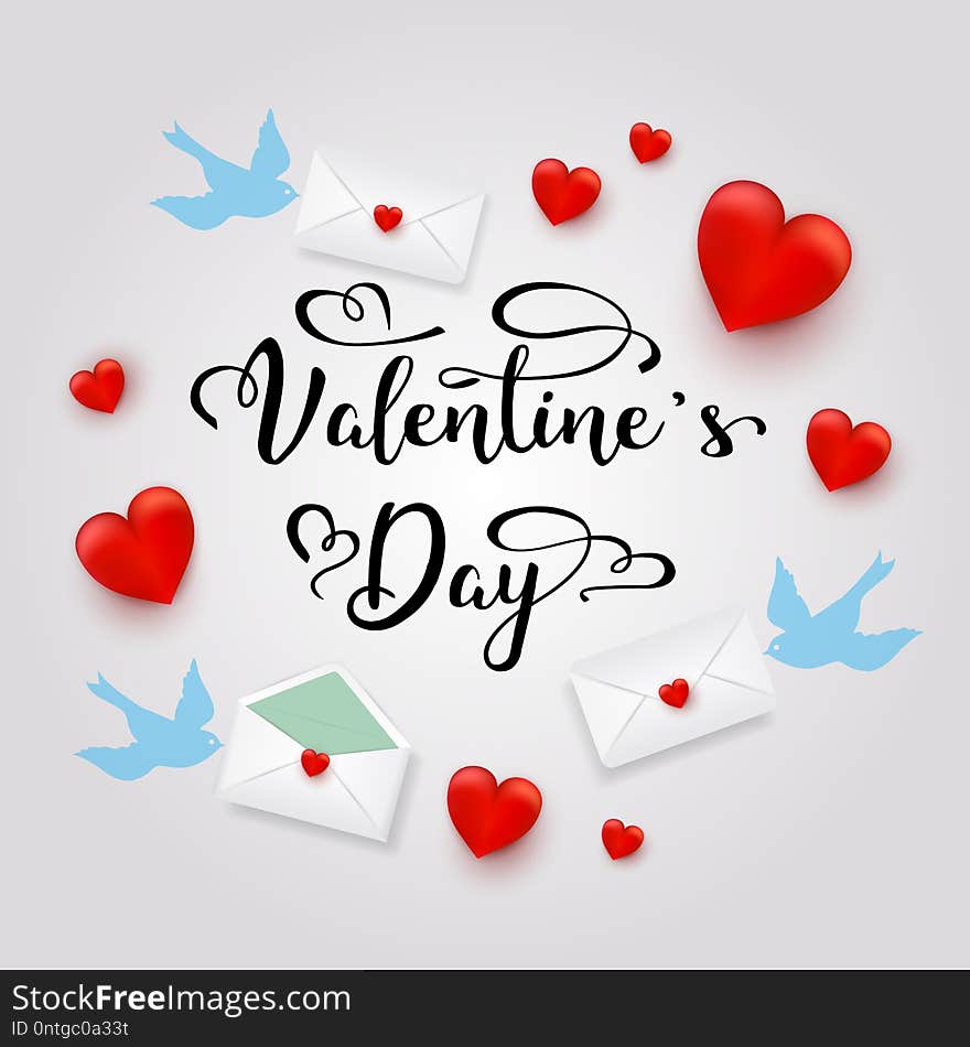 Valentine`s day, holiday objects on white background. Vector illustration. Hearts, birds, letters envelopes