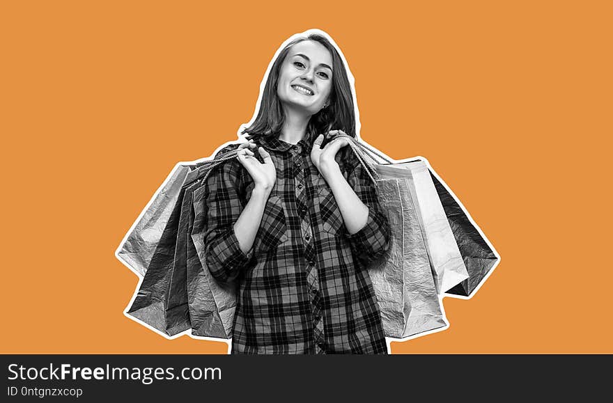 Happy young woman with shoping bags. Magazine style collage with copy space and orange background