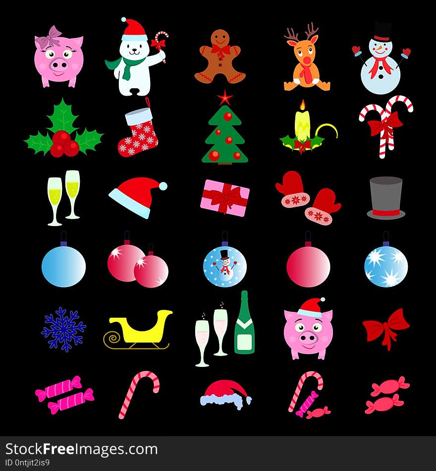 Set of Merry Christmas 30 icons Happy New Year on the black backgroud