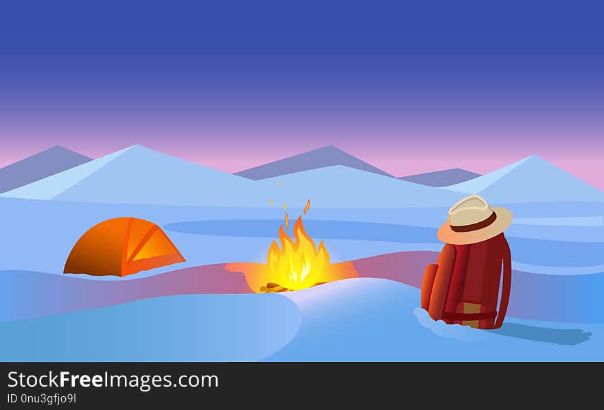 Backpack Tent and a campfire area tourist mountain snowy winter vector illustration adventure