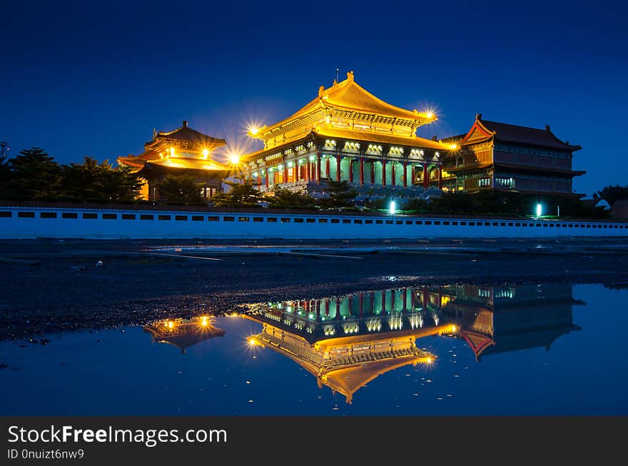 Chinese temple in the night at Thailand. Beautiful on blue.