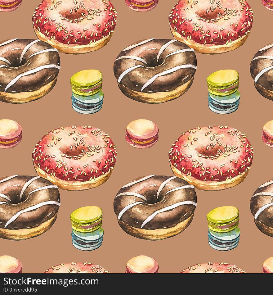 Donut watercolor illustrations isolated on white background. Seamless pattern with colorful donuts with glaze and sprinkles