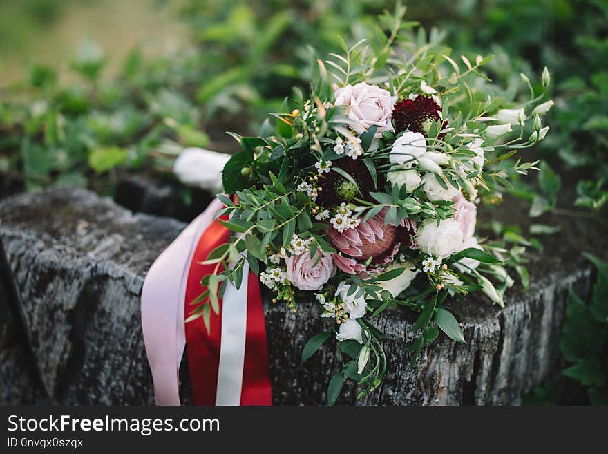 flowers for wedding on old wooden table, beauty, bride, ceremony, green, groom, hand, love, mariage, peonies, ring, roses, touch, young. flowers for wedding on old wooden table, beauty, bride, ceremony, green, groom, hand, love, mariage, peonies, ring, roses, touch, young