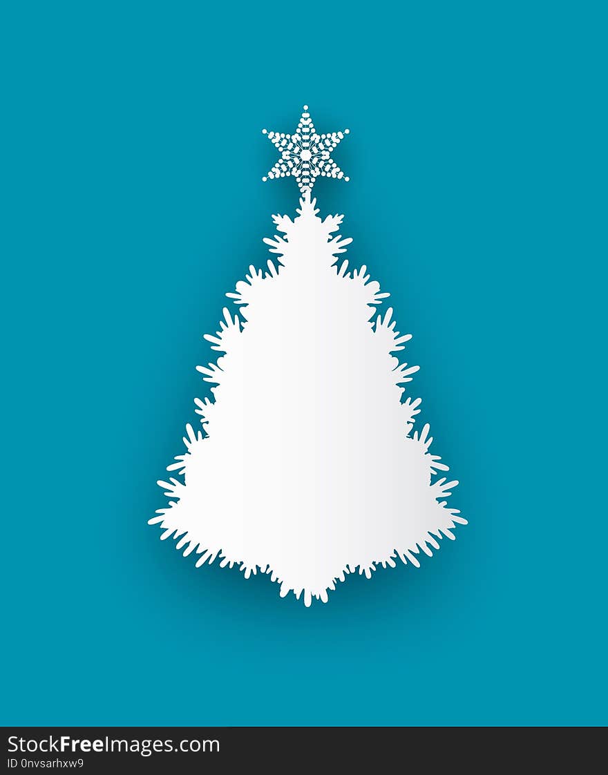 Spruce tree topped by star, vector illustration isolated on blue. White bushy fir, decorated by toy at top, Christmas and New Year symbolic paper cat icon. Spruce tree topped by star, vector illustration isolated on blue. White bushy fir, decorated by toy at top, Christmas and New Year symbolic paper cat icon