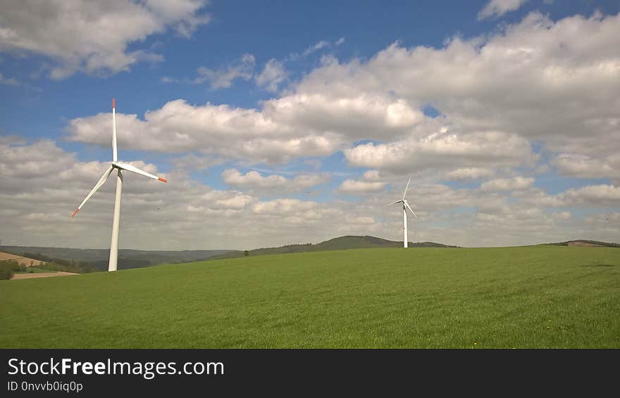 Wind Turbine, Grassland, Wind Farm, Field