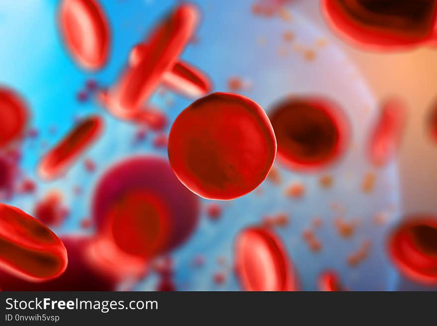 3d illustration of red blood cells erythrocytes close-up under a microscope in the body. Concept for scientific medical background