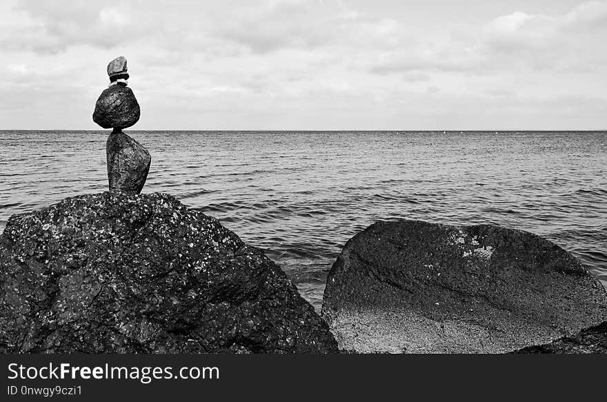 Sea, Black And White, Rock, Water