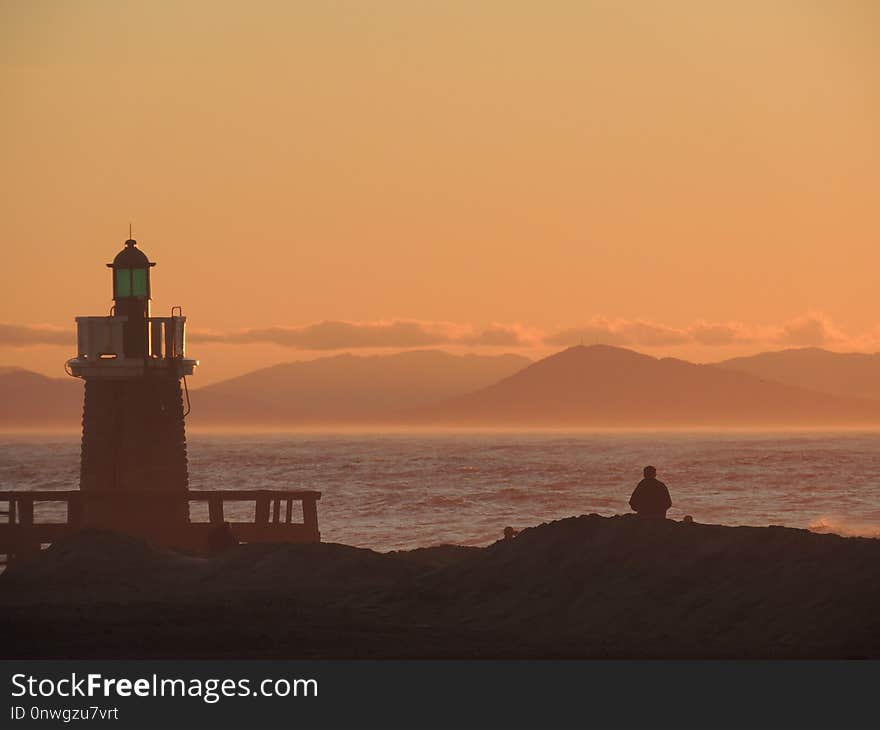 Sunrise, Lighthouse, Sky, Sea