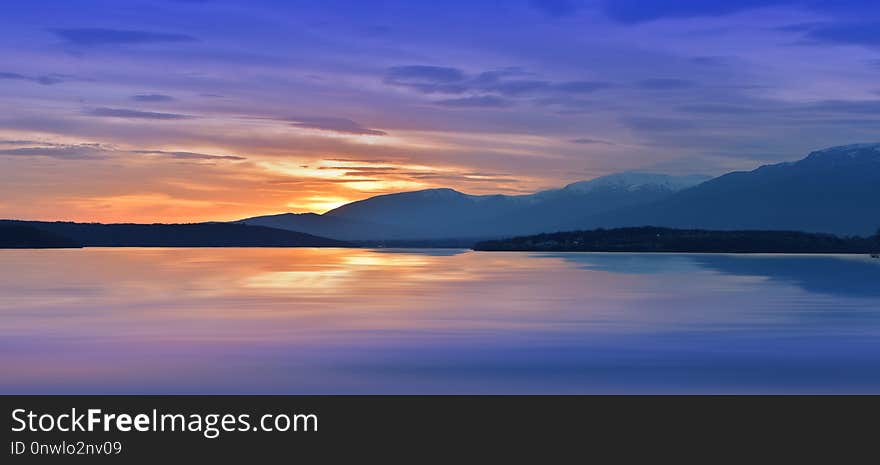 Incredibly beautiful sunset.Sun,lake.Sunset or sunrise landscape, panorama of beautiful nature. Sky amazing colorful clouds.