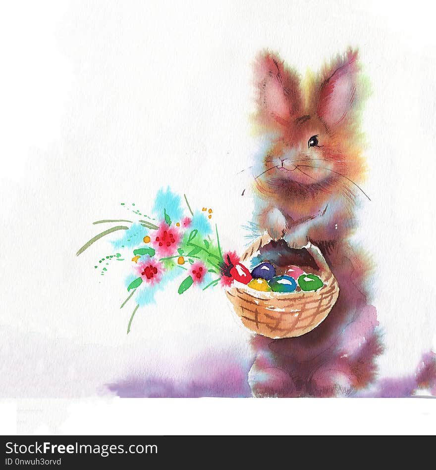 Easter bunnies and Easter eggs. Watercolors illustration with cute animals. Easter postcards