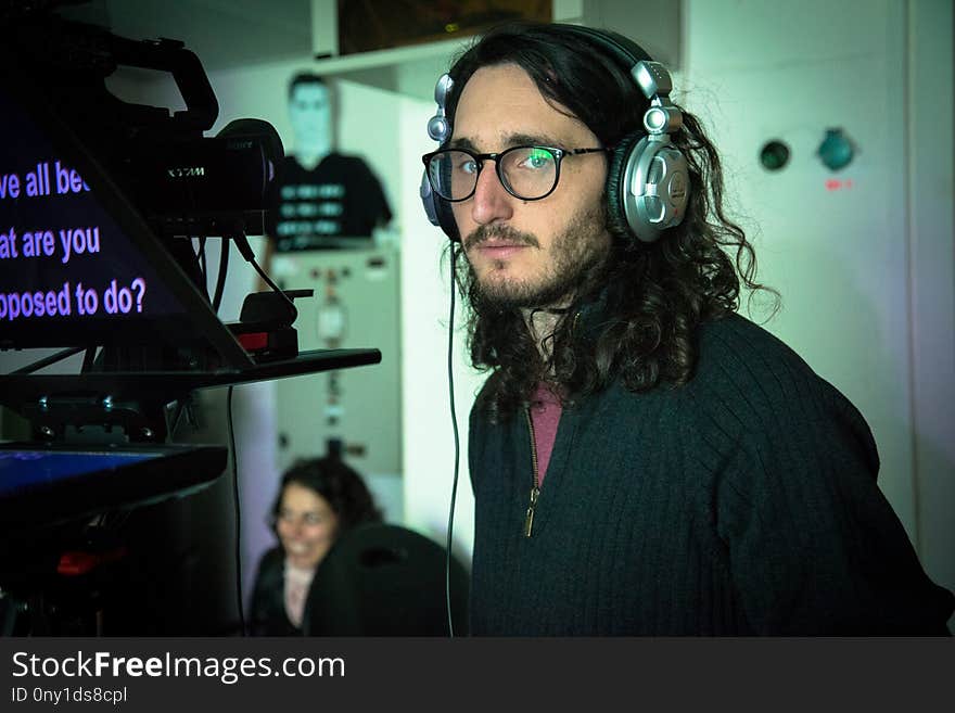 Glasses, Eyewear, Facial Hair, Audio Equipment