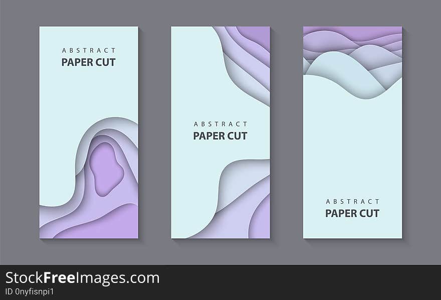 Vector vertical flyers with neon color paper cut waves shapes. 3D abstract paper style, design layout for business presentations