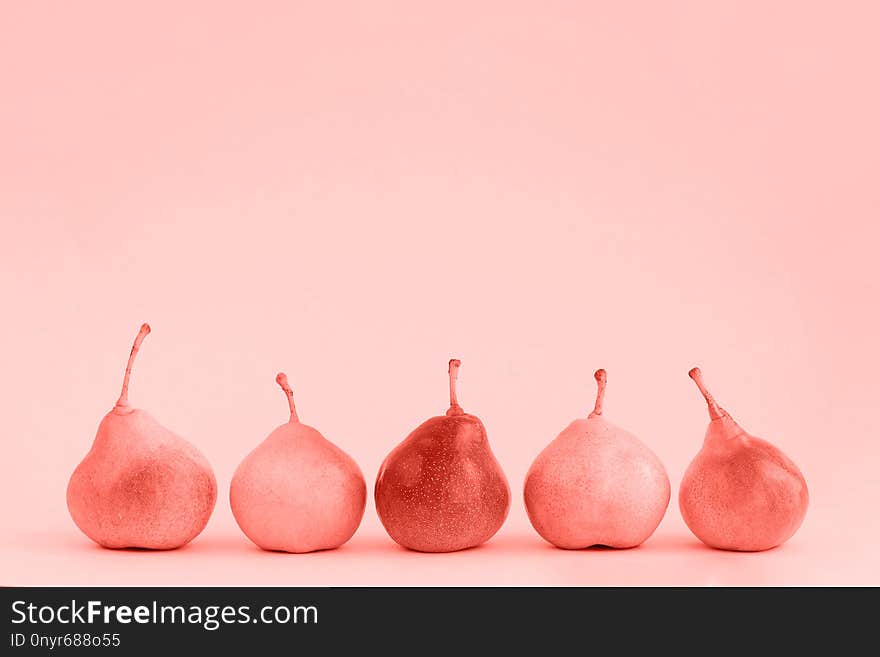 Group of pears on living coral background. Color of the 2019 year