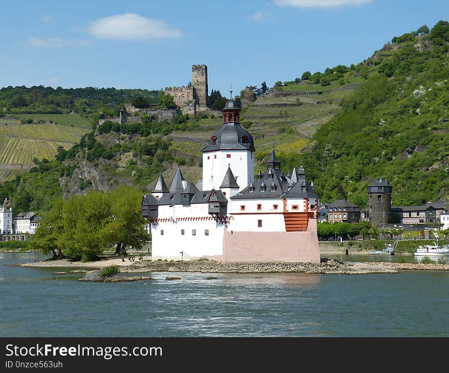 Promontory, Building, River, Tree