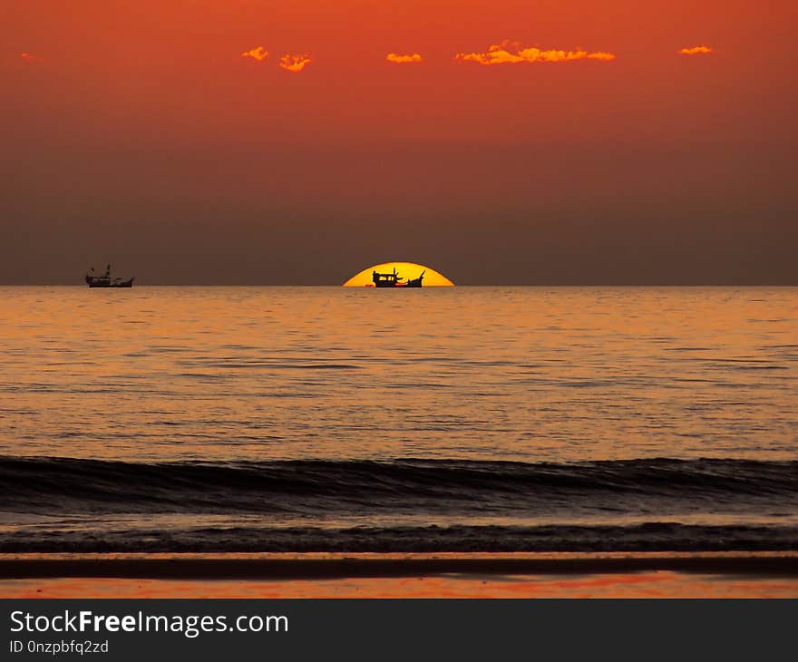 Sailing boat sunset at Cox`s Bazar beach Bangladesh