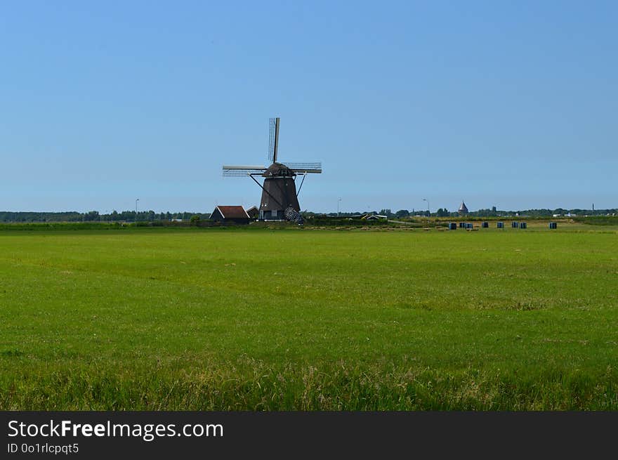 Windmill, Grassland, Field, Sky