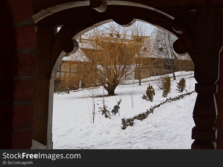 The winter door.A view from a church in Romania