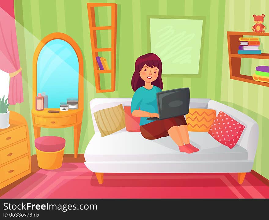 Girl student bedroom. Teenager apartment room, online study at home and woman student reading on laptop computer cartoon