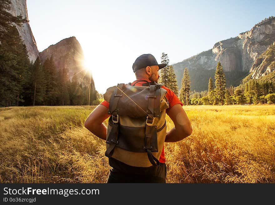 Happy hiker visit Yosemite national park in California