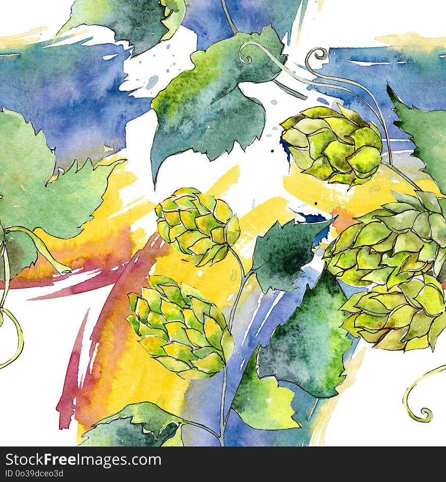 Green hops. Watercolor background illustration set. Seamless background pattern.