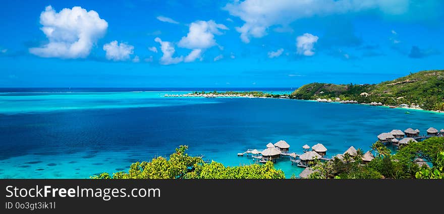 Bora Bora beach with over the water bungalows, Tahiti, French Polynesia