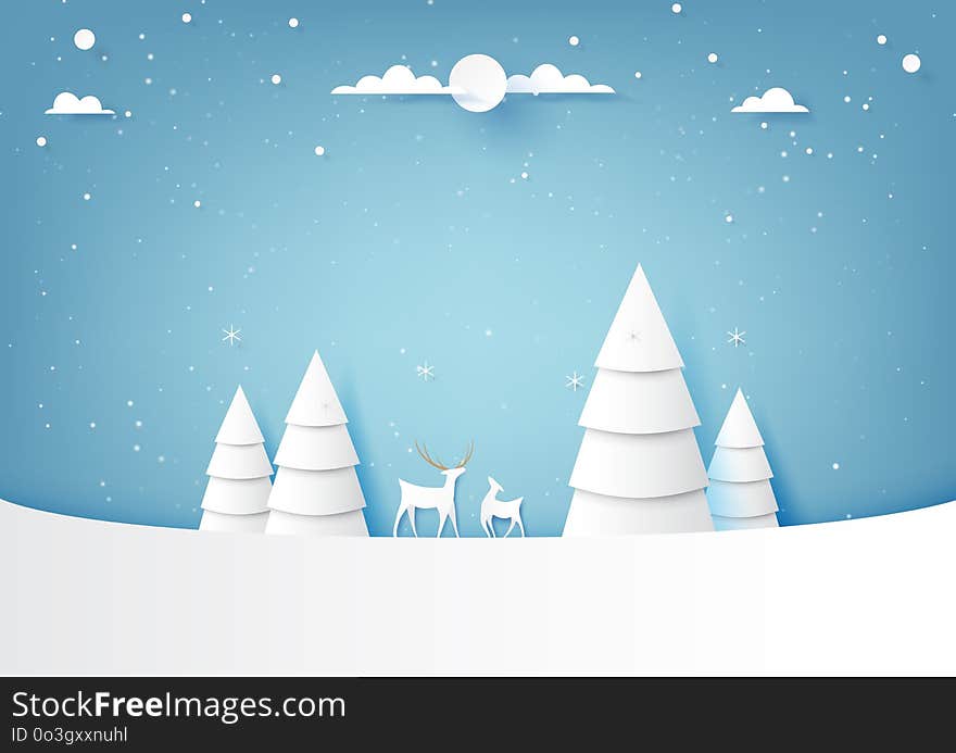 Deers And Winter Season Landscape Paper Art Style