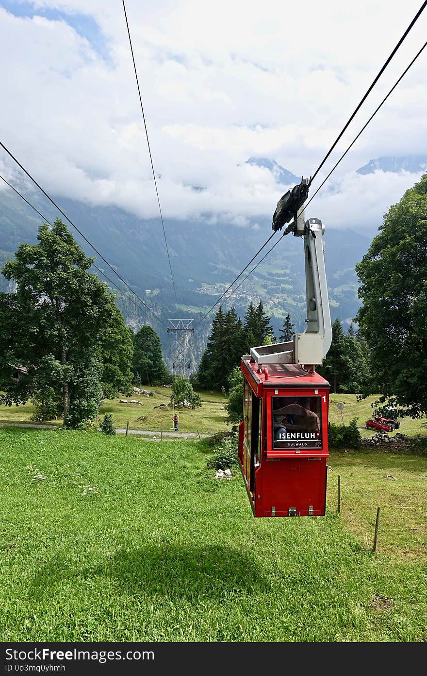 Green, Sky, Mountain Range, Cable Car