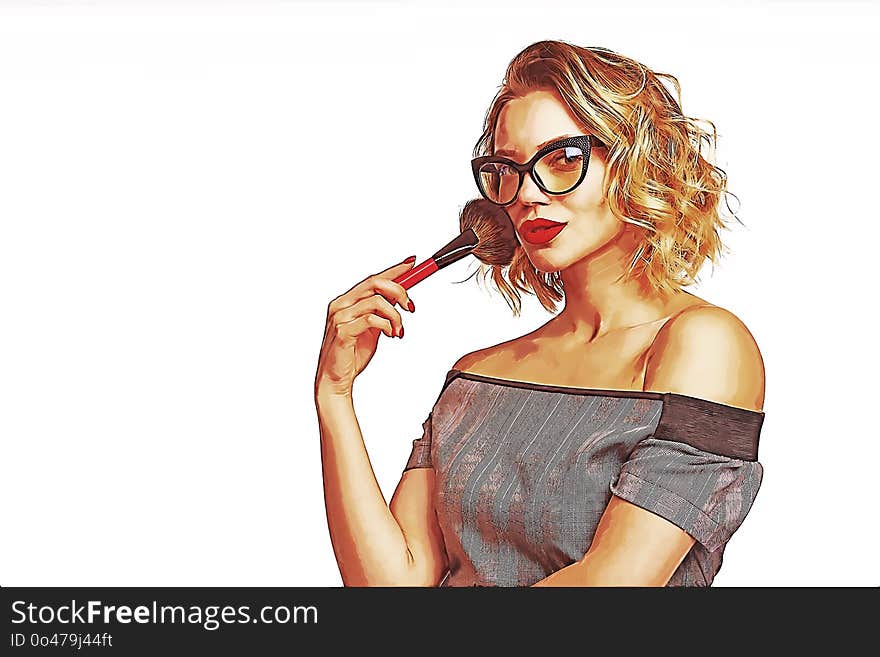 Comics look portrait of female stylist standing with makeup brushes over white background