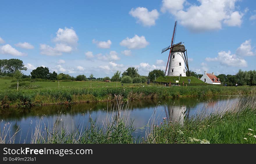 Windmill, Grassland, Nature Reserve, Waterway