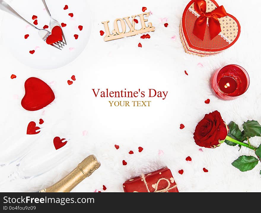 Valentine`s Day. Beautiful background greeting card with a rose. Selective focus