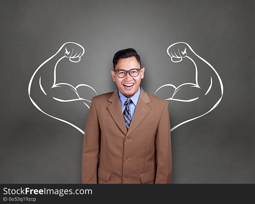 Business power concept. Young Asian businessman smiling with strong powerful arms drawn behind. Inner power authority. Business power concept. Young Asian businessman smiling with strong powerful arms drawn behind. Inner power authority