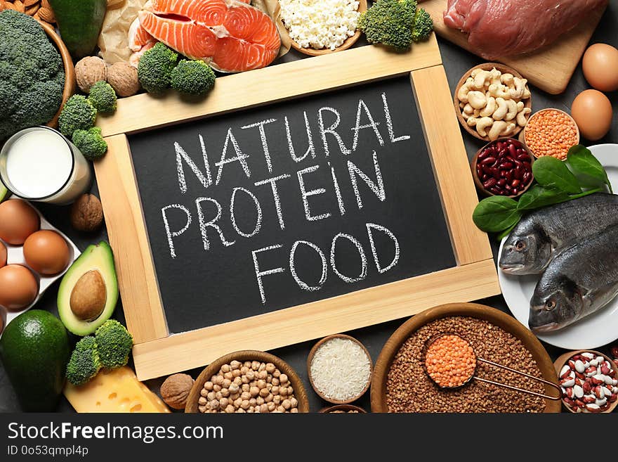 Chalkboard With Written Text Natural Protein Food Among Products