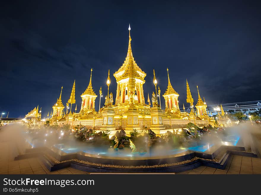 Bangkok, Thailand - Nov 20 2017 : The Royal Crematorium architecture for HM King Bhumibol Adulyadej at Sanam Luang at night