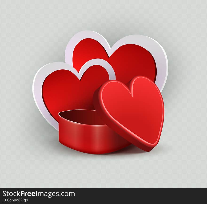 Composition with a red casket and the silhouette of two hearts with a white border, design element. Composition with a red casket and the silhouette of two hearts with a white border, design element.