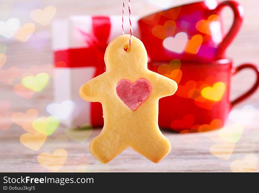 Saint Valentine day card with stained glass cookie