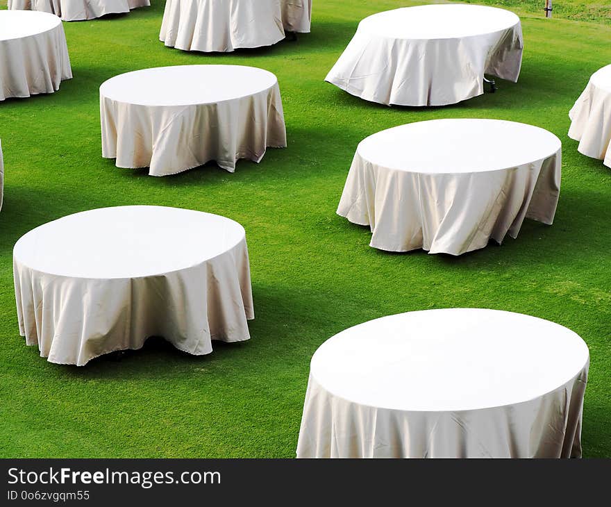 White Round table on green filed