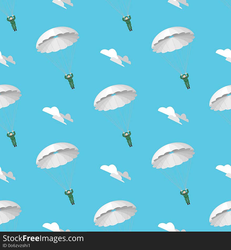 Military paratroopers in the blue sky.. The landing of the air forces. Seamless pattern