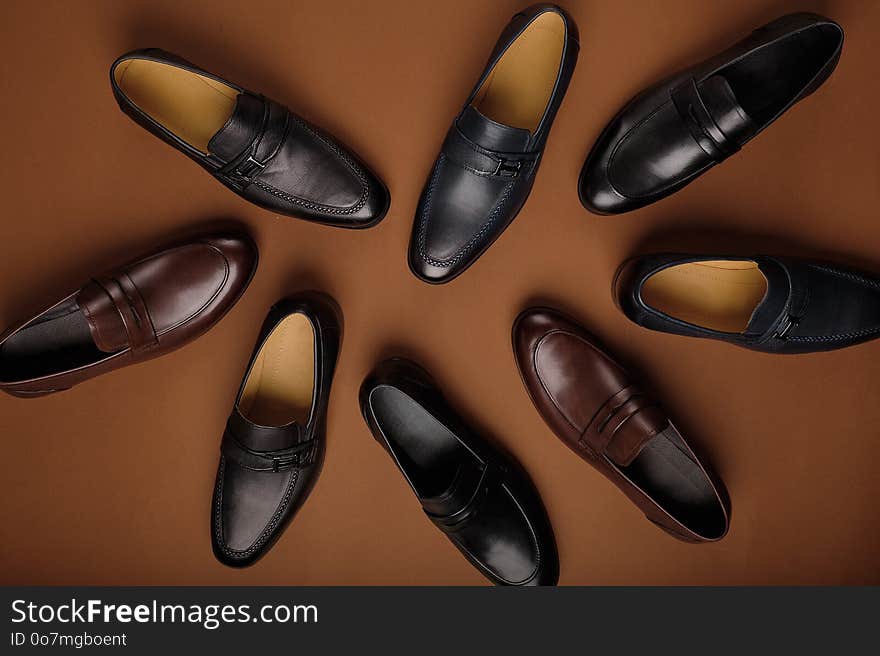 Male shoes collection. Men`s fashion leather shoes flat lay.