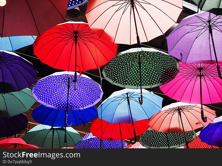 Umbrella`s hang from the ceiling I a Turkish shopping mall.