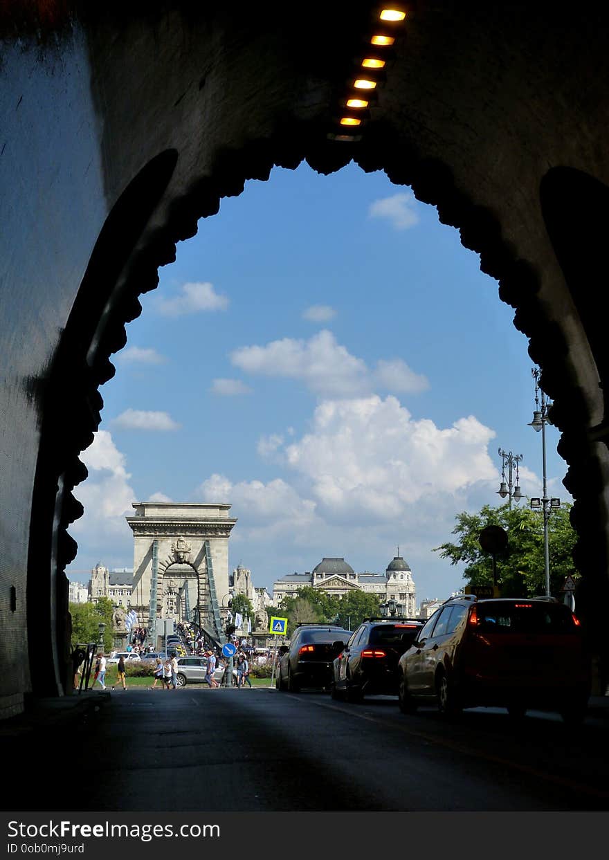 Chain bridge in Budapest in bright sunlight from the Tunnel