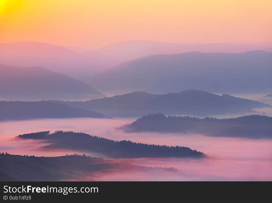 Beautiful quiet mountain in the blue mist at the dawn