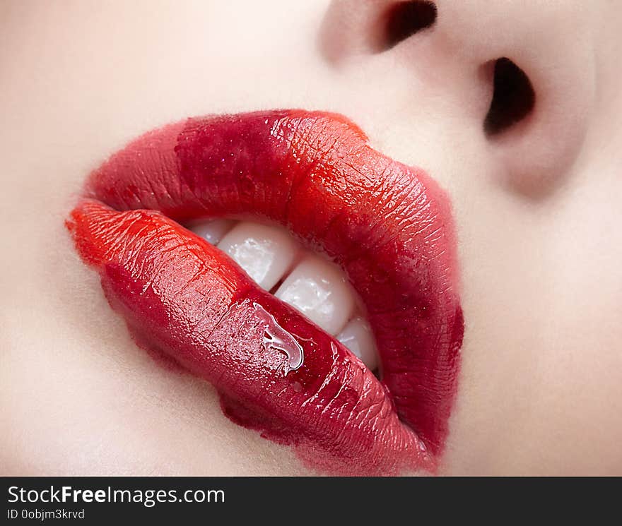 Human woman lips with unusual alyapy beauty makeup. Girl with perfect lips shape