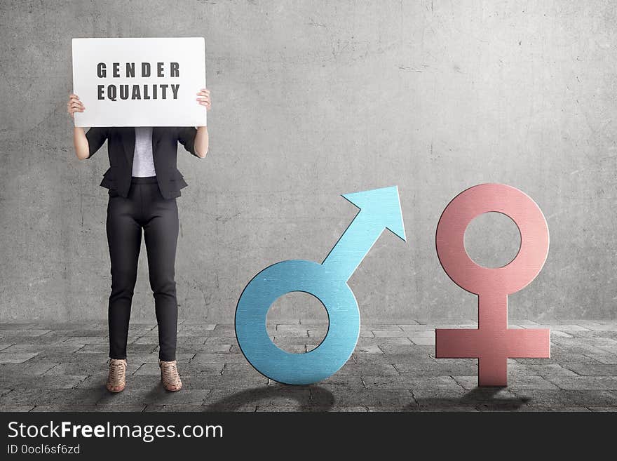 Business woman showing symbol of gender equality in the white banner. Equality gender concept