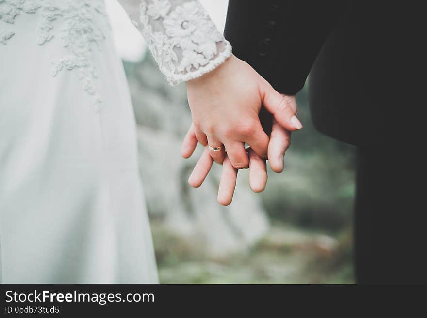 Wedding couple bride and groom holding hands.