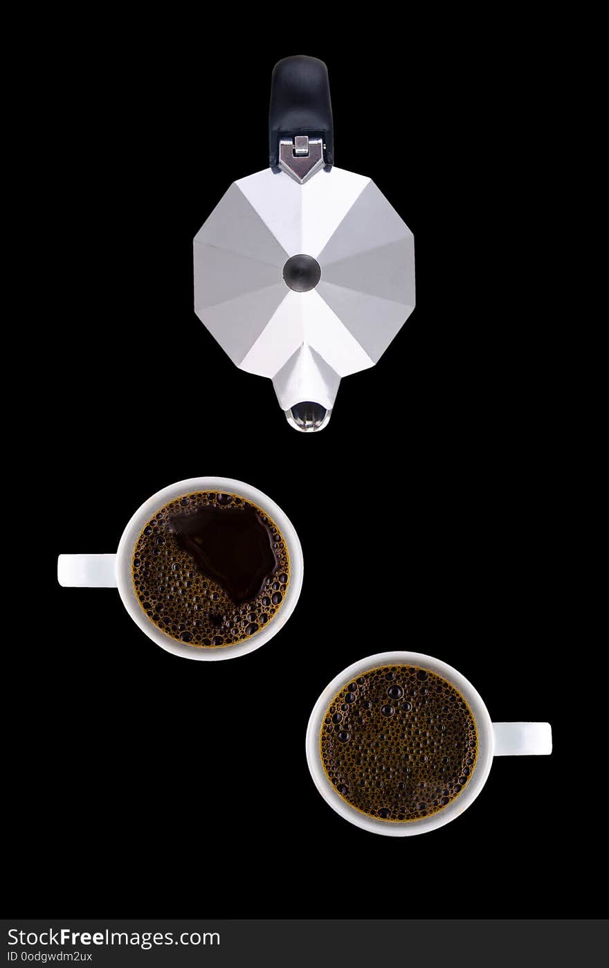 Coffee pot and two white cups on a saucer on a black background.