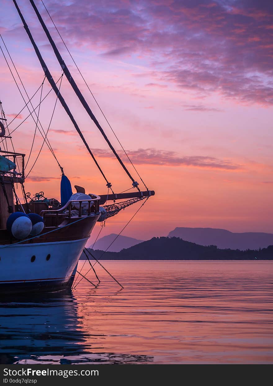 Sailboat at Sunrise on the bay of Nidri in Lefkas island Greece